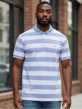 Izod Men's Light Blue and White Striped Polo Shirt